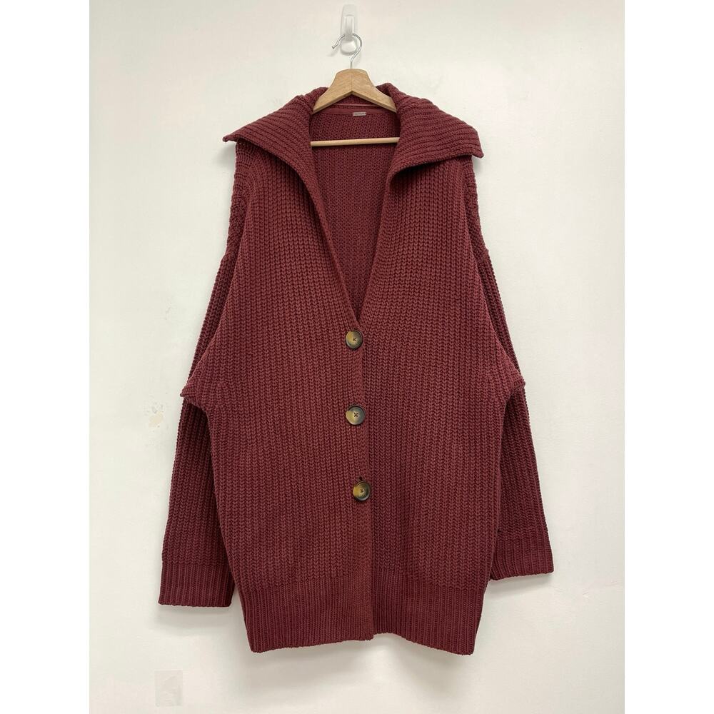 Free People Maroon Chunky Knit Button-Front Cardigan